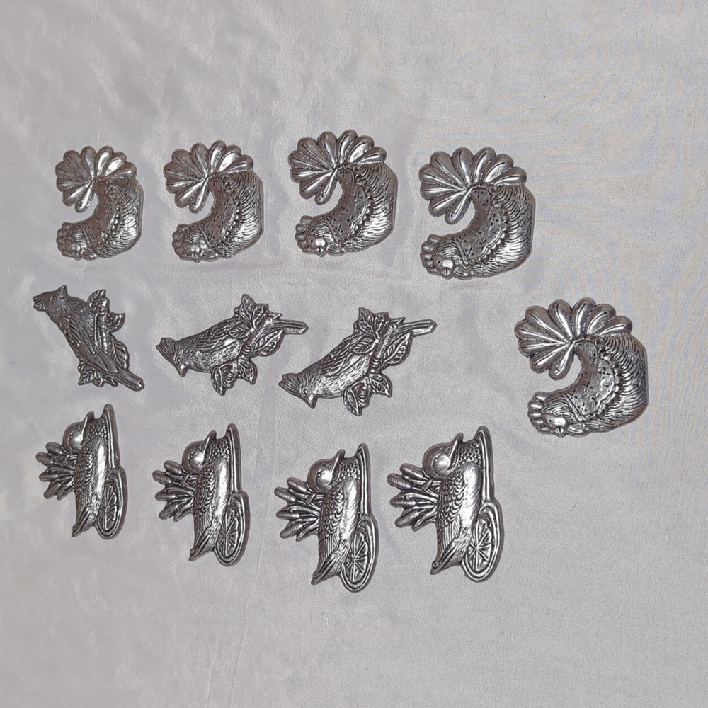 Vintage 1989 Carson Pewter Bird Ornaments Set of 12 Chickens, Ducks Cardinals